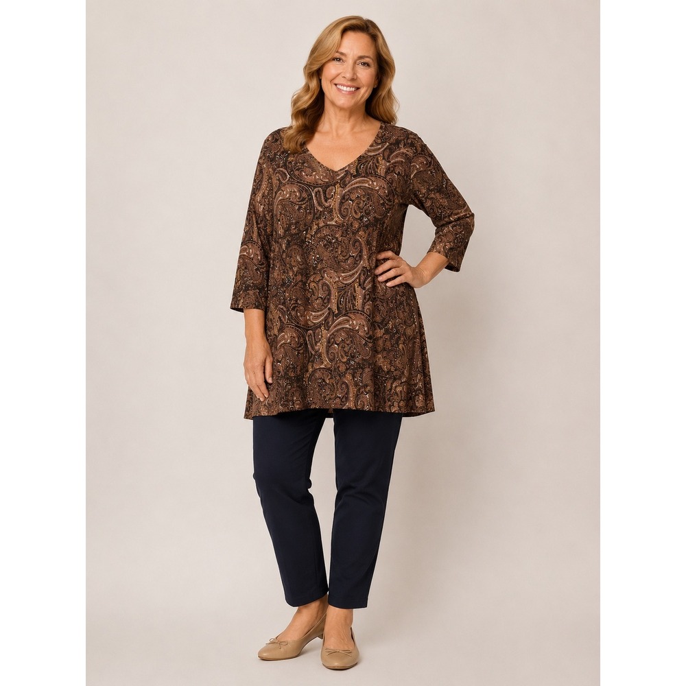 Susan Graver Liquid Knit Tunic Top Brown Paisley 3/4 Sleeve 2X V-Neck Classic